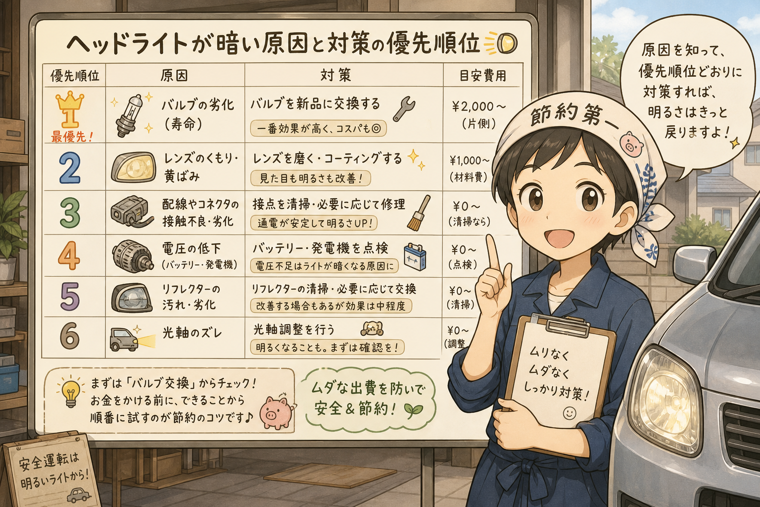 ヘッドライトが暗い原因と対策の優先順位